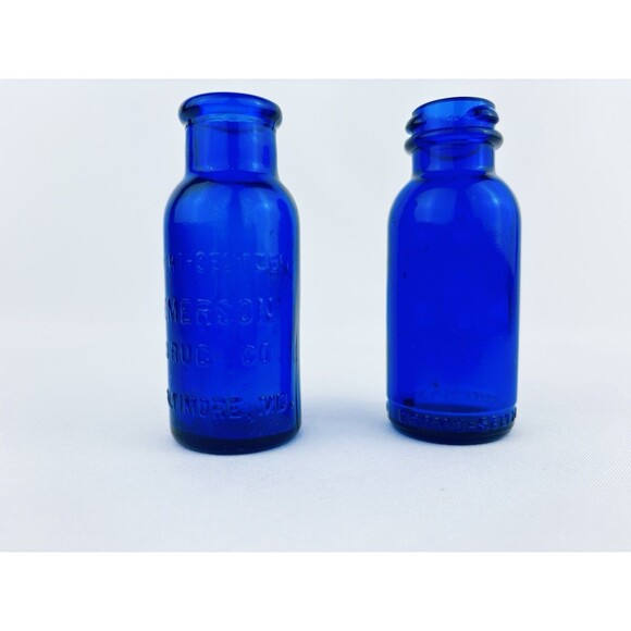 VTG Emerson Drug Co. Bromo Seltzer Cobalt Blue Bottles/Baltimore MD Set Of 2 - Picture 1 of 8